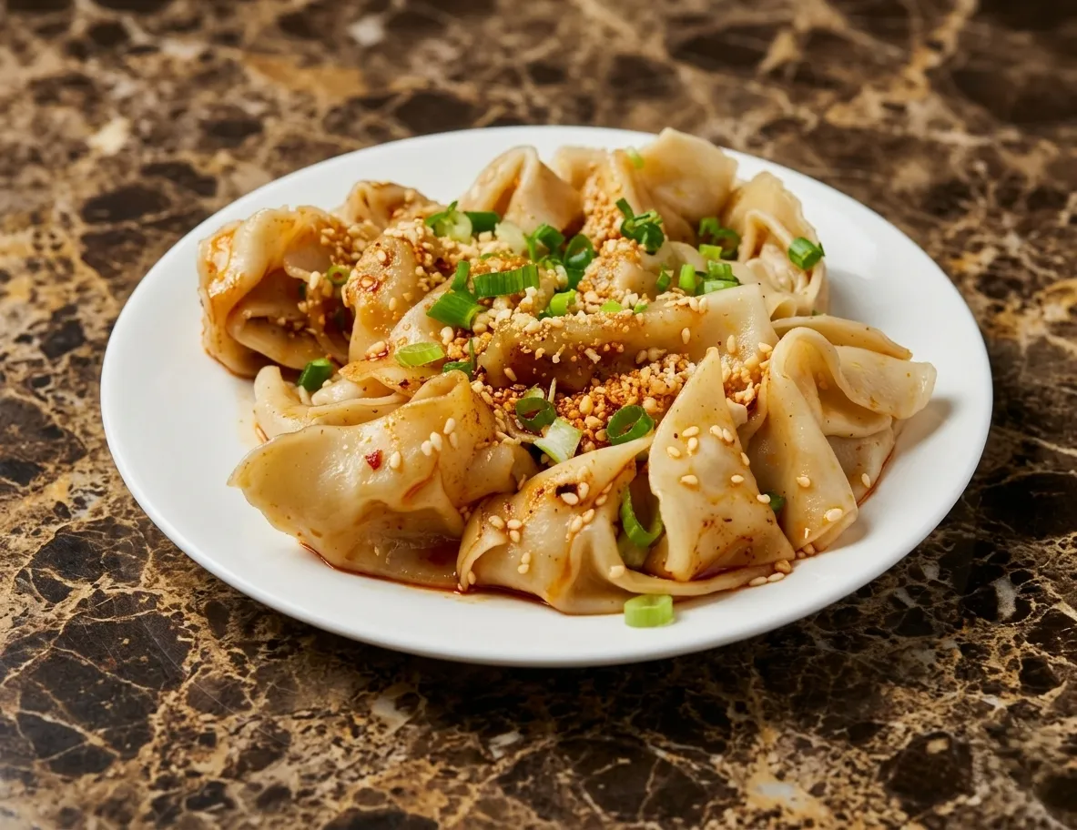 Meat Dumplings in Spicy Sauce — 16 handmade dumplings at Dancing Noodle Winnipeg